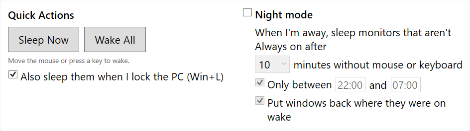 Night mode: sleep the other monitors after a few minutes away