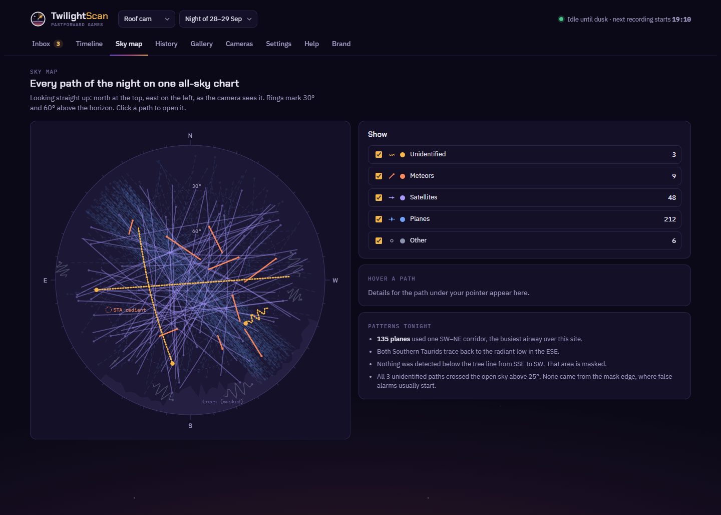 TwilightScan's sky map: every plane, satellite and meteor path of one night on an all-sky chart