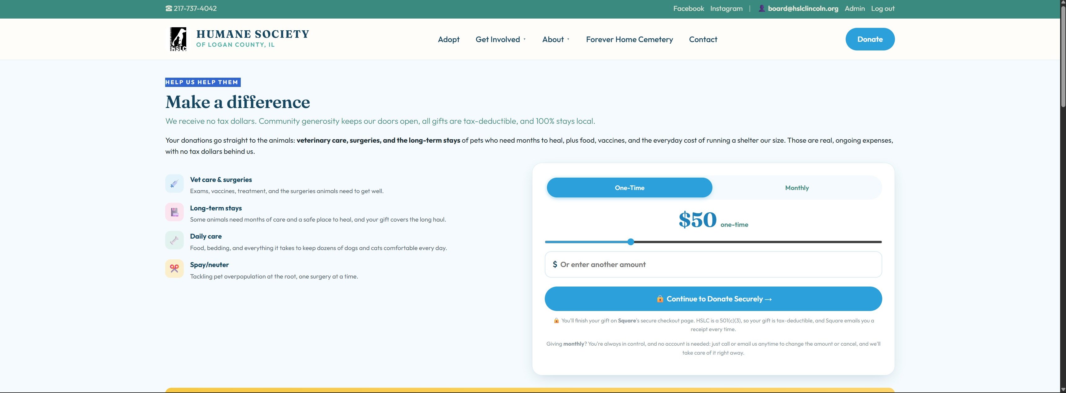 Donate — secure one-time or monthly giving through Square checkout.